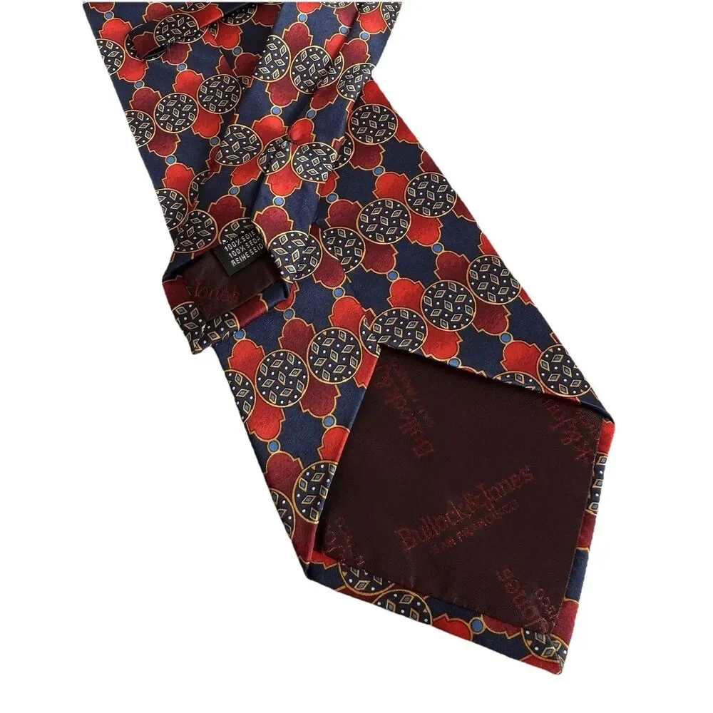 BULLOCK & JONES Navy Blue & Red Geometric Men's Neck Tie 100% Silk 3.75 x 58